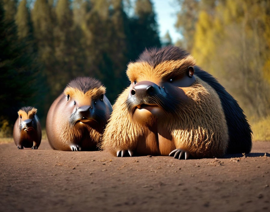 Three animated capybaras with exaggerated features lounging on dusty ground with trees.