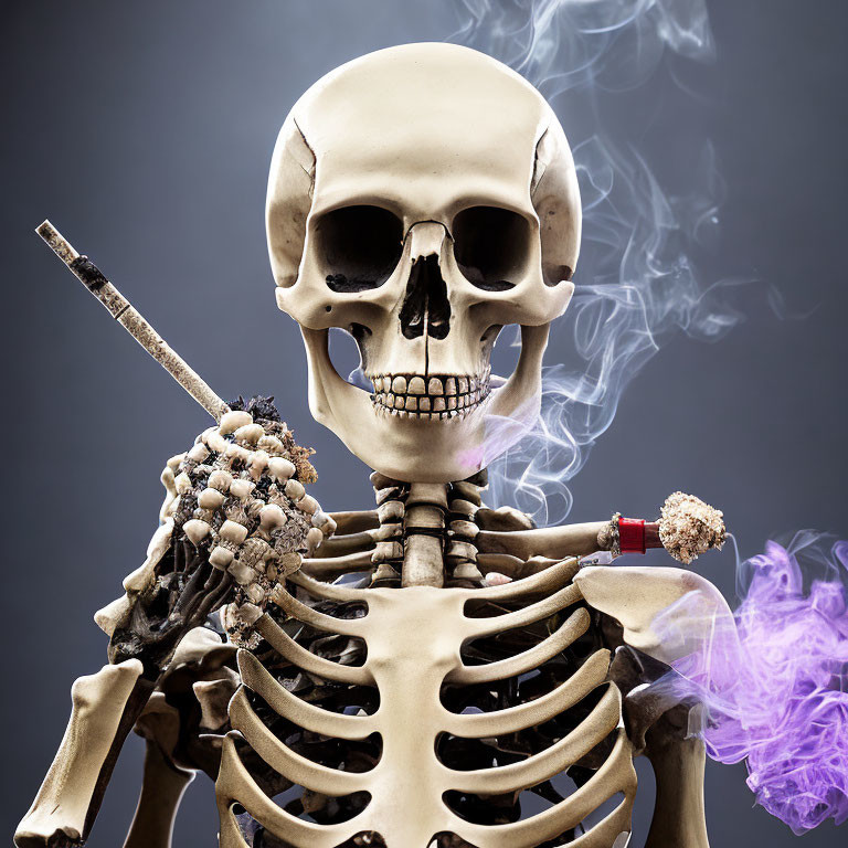 Model skeleton with smoking incense stick in purple smoke on grey background