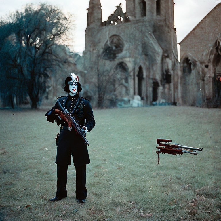 Clown with white face paint holding violin near old church ruins