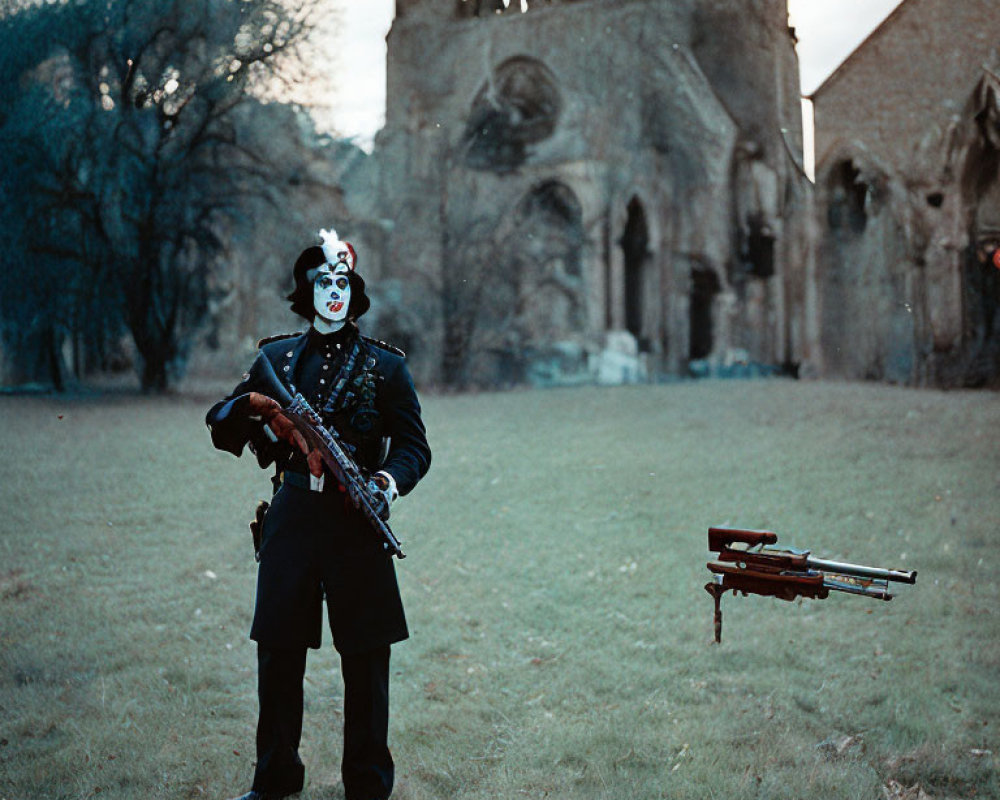 Clown with white face paint holding violin near old church ruins