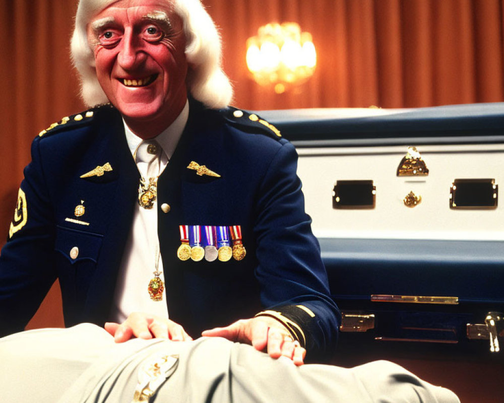 Elderly man in military uniform with medals beside blue coffin