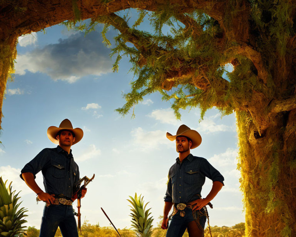 Cowboys in denim with pistols under arched tree against dramatic sky.