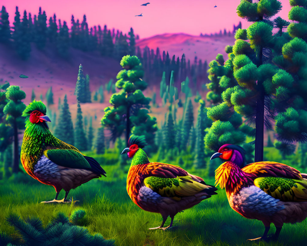 Vibrant colored birds in pink forest with flying silhouettes