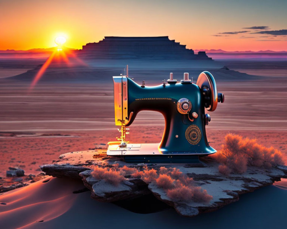 Vintage sewing machine on cracked desert with mesa and setting sun