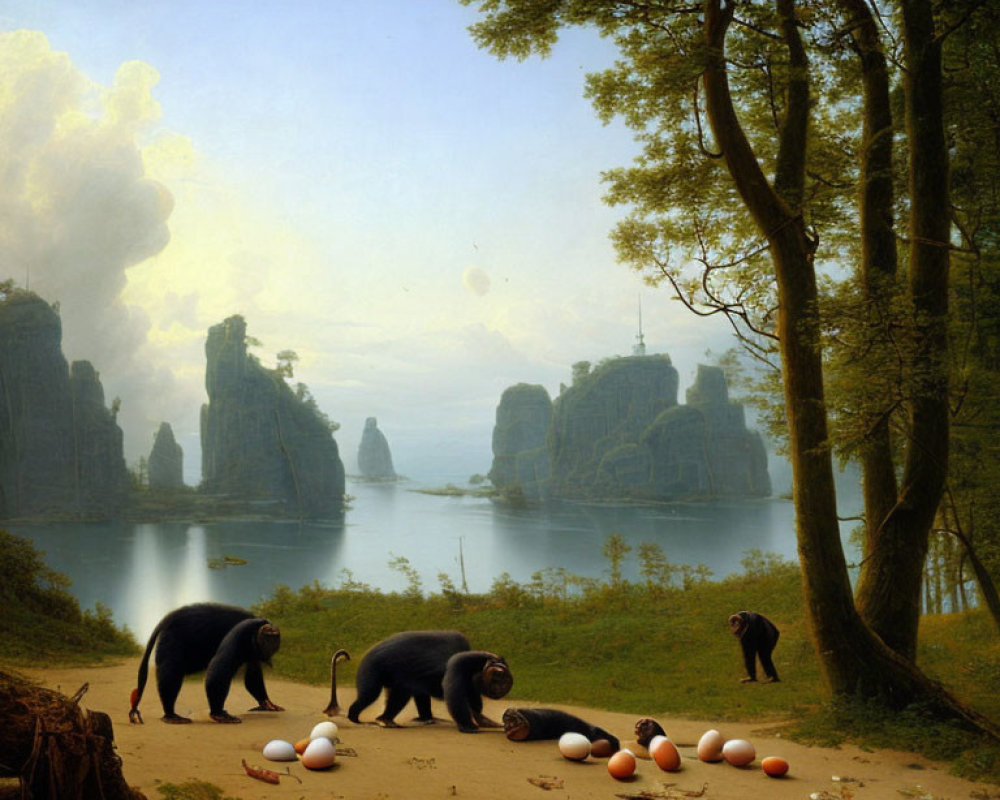 Three bears near lakeshore with balls, rocks, and forest in painting