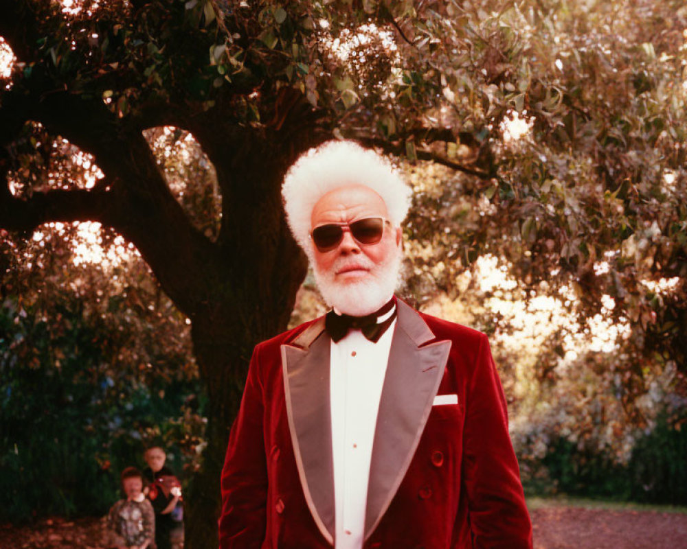 Elderly person in red velvet jacket under tree with child in background