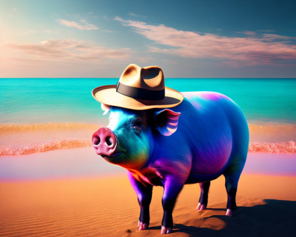 Colorful Pig in Fedora Hat on Beach with Ocean Background