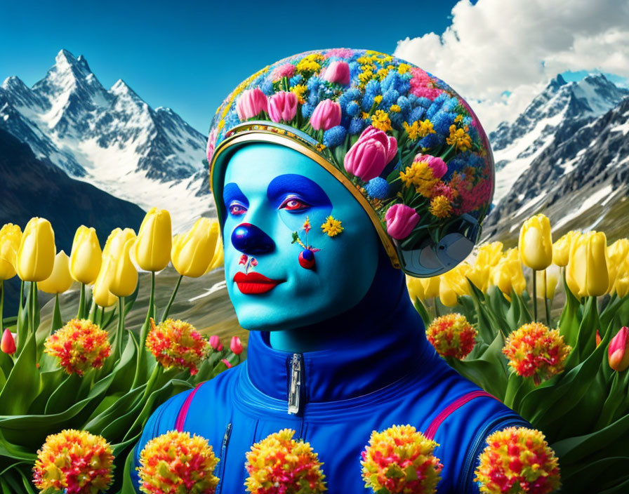 Colorful portrait of person with blue skin and floral headgear in mountainous landscape.