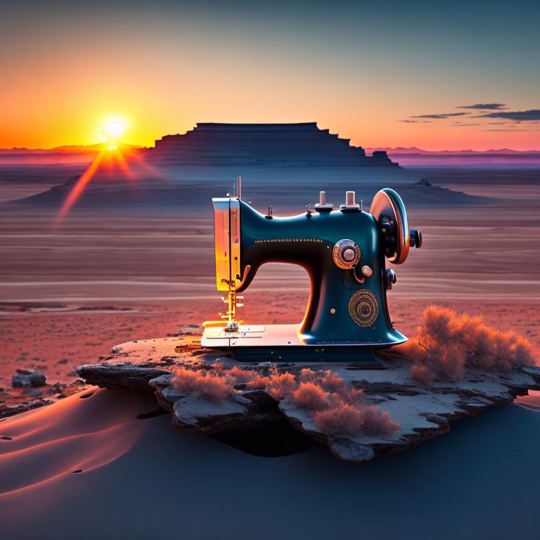 Vintage sewing machine on cracked desert with mesa and setting sun