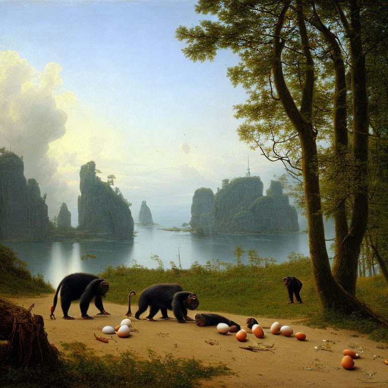 Three bears near lakeshore with balls, rocks, and forest in painting