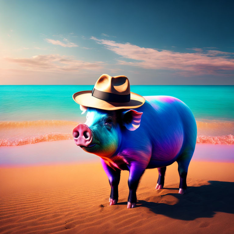 Colorful Pig in Fedora Hat on Beach with Ocean Background