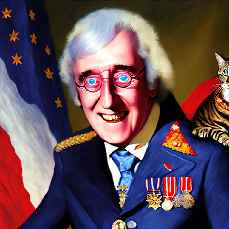 Smiling man in military uniform with cat and flag illustration