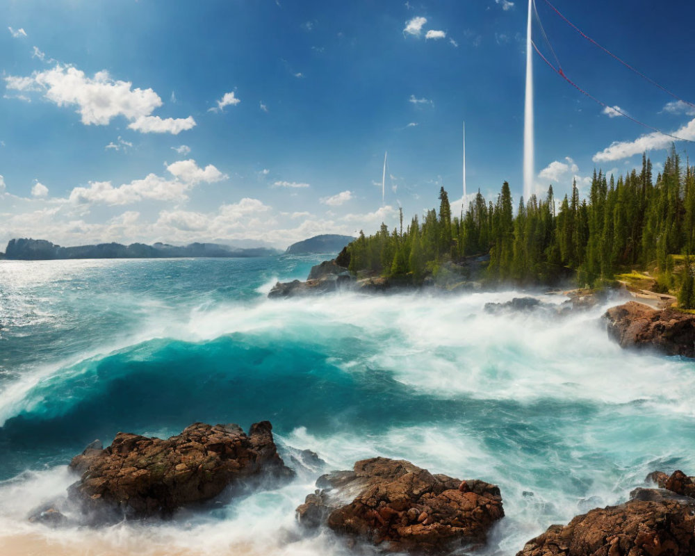 Dynamic Coastal Scene: Turquoise Waves and Rocky Shores under Streaked Sky