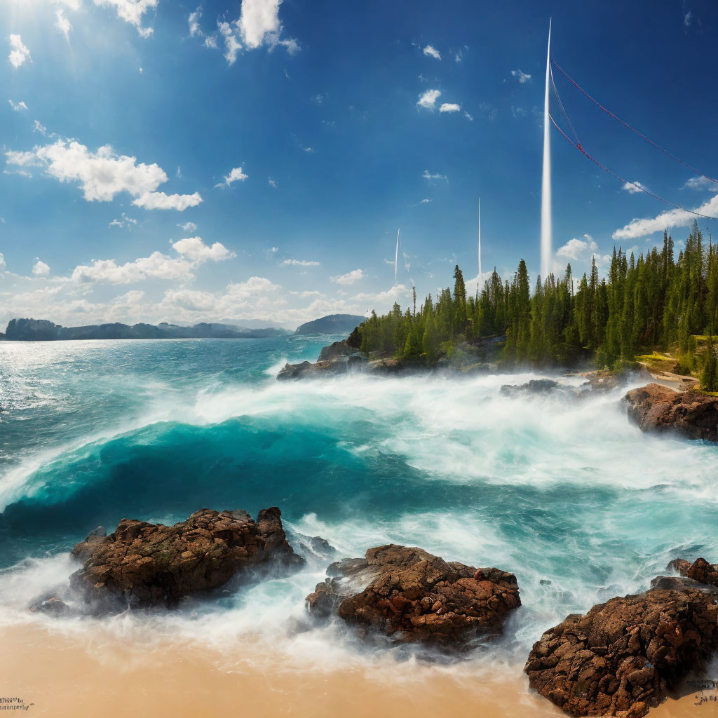 Dynamic Coastal Scene: Turquoise Waves and Rocky Shores under Streaked Sky