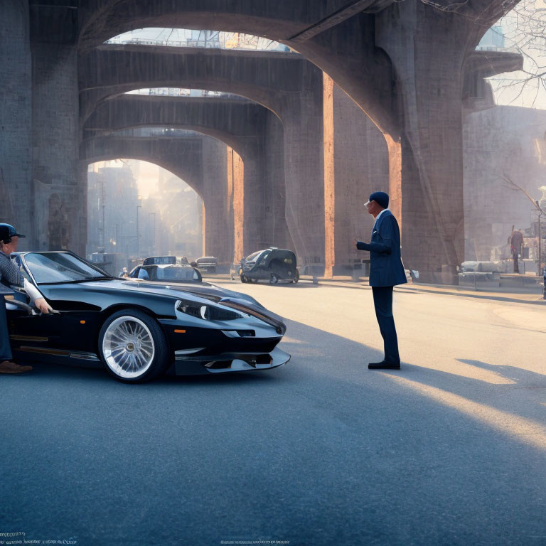 Man in suit gazes at open sports car under bridge