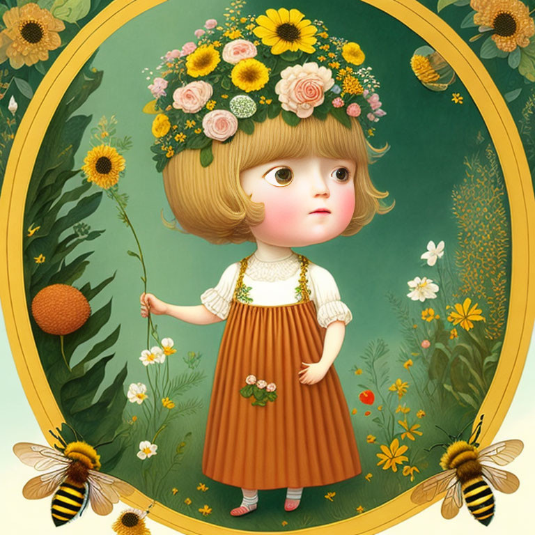 Child with big eyes in floral crown, surrounded by bees and flowers in oval frame.