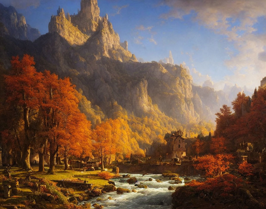 Scenic autumn landscape with river, orange trees, village, and mountains