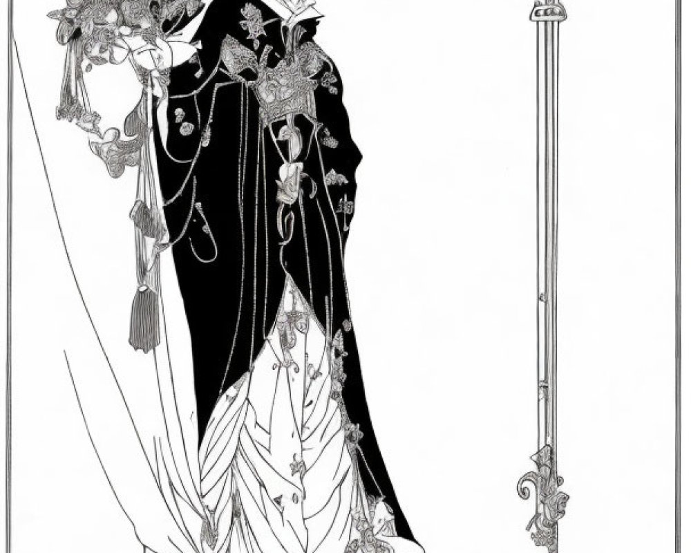 Detailed black and white illustration of regal figure with sword and "Hamlet" word.