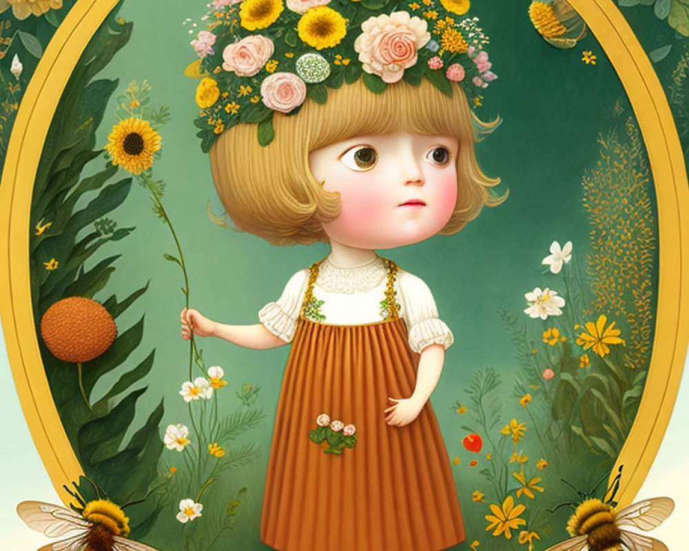 Child with big eyes in floral crown, surrounded by bees and flowers in oval frame.