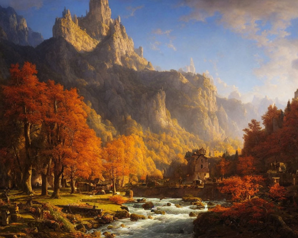 Scenic autumn landscape with river, orange trees, village, and mountains