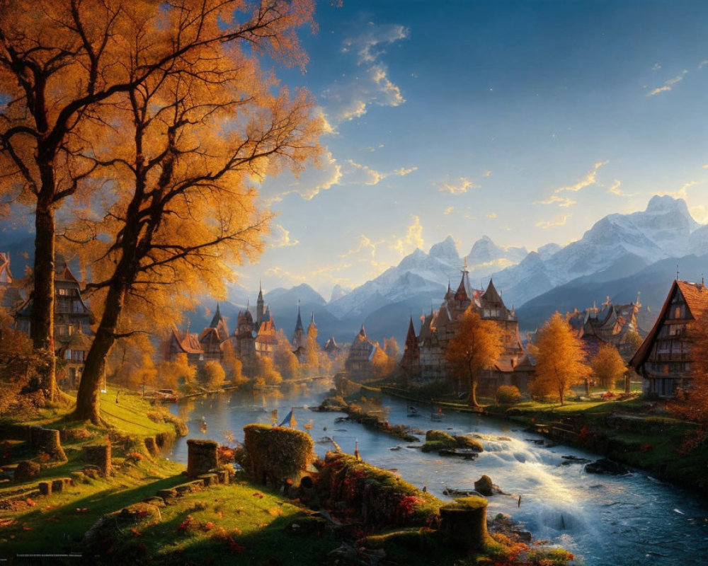 Scenic Village with Traditional Houses, River, Autumn Trees, and Snow-Capped Mountains at Sunset