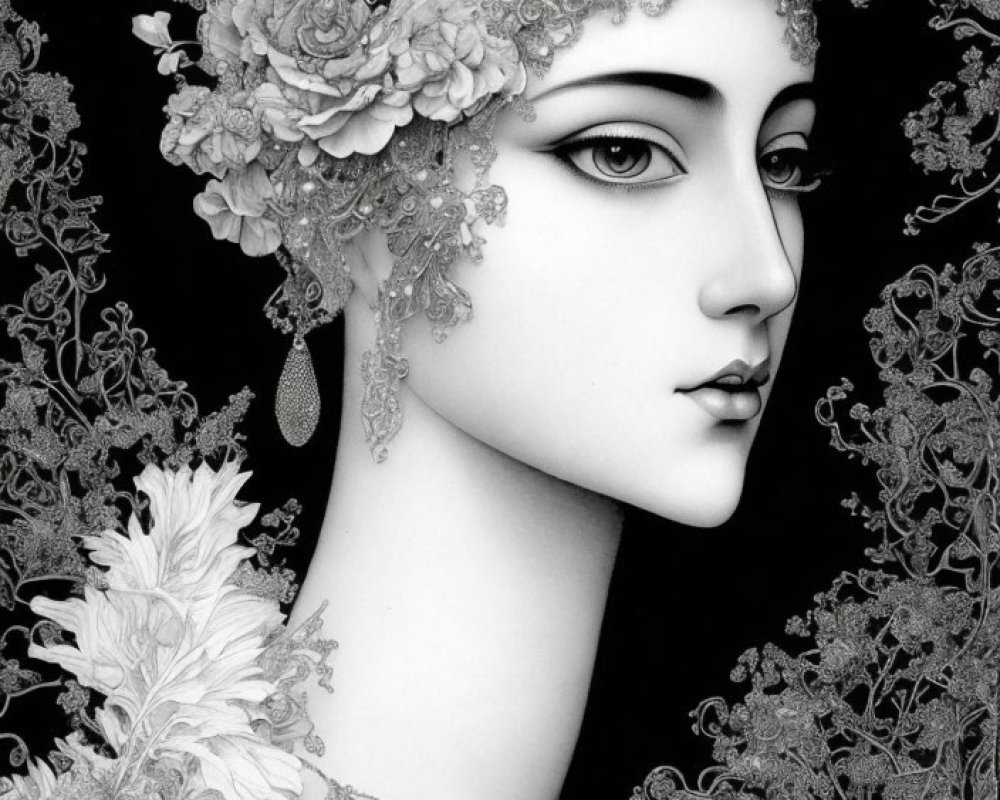 Monochrome image of a woman in lace headpiece and feathers, blending classic romance with surrealism