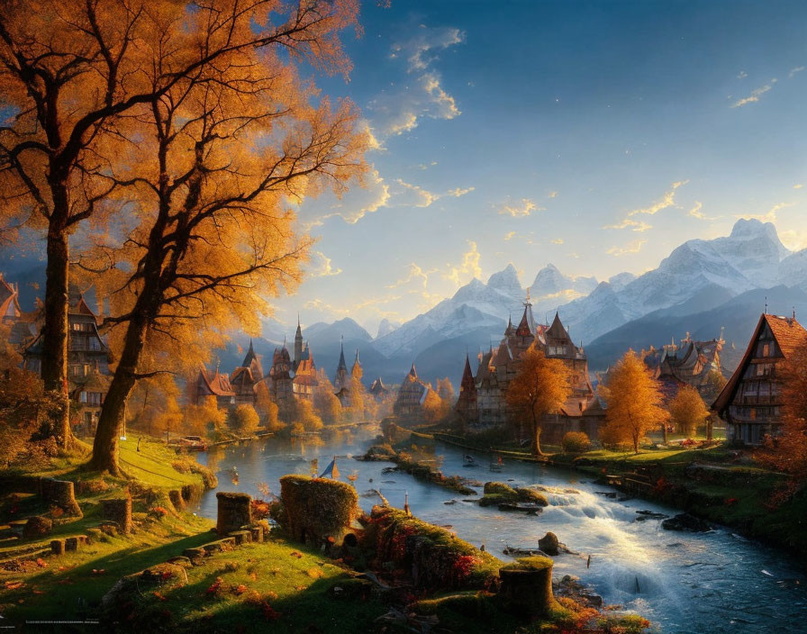 Scenic Village with Traditional Houses, River, Autumn Trees, and Snow-Capped Mountains at Sunset