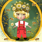 Child with big eyes in floral crown, surrounded by bees and flowers in oval frame.