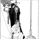 Detailed black and white illustration of regal figure with sword and "Hamlet" word.