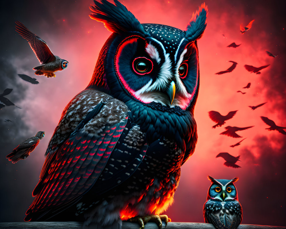 Colorful digital artwork of stylized owl on branch under crimson sky