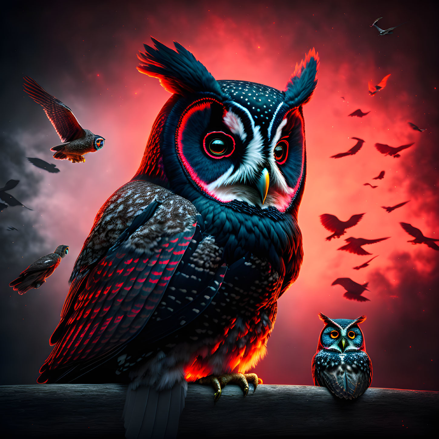 Colorful digital artwork of stylized owl on branch under crimson sky