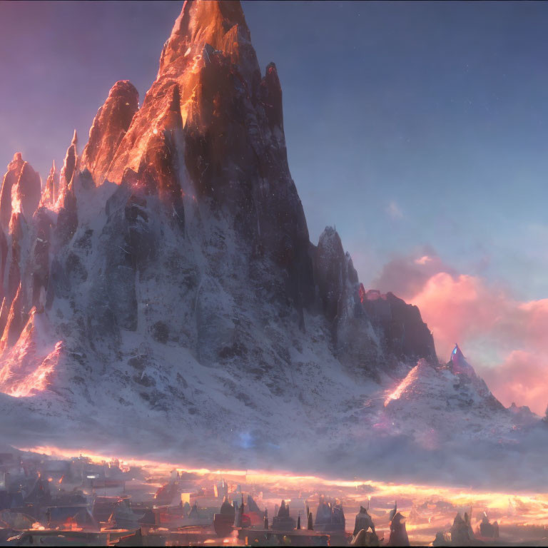 Snowy mountains and futuristic city in fantasy landscape