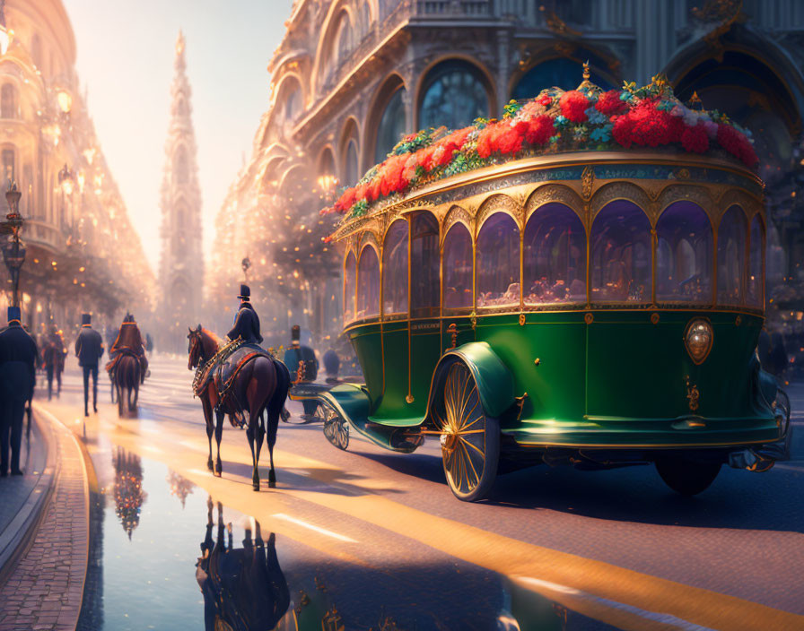 Vintage-style horse-drawn tram on flower-lined cobbled street.