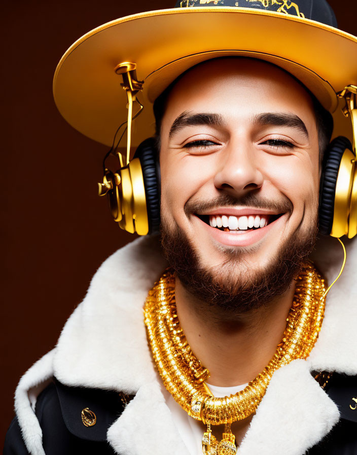 Young man in gold headphones, chains, and cap on brown background