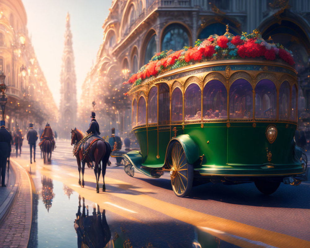 Vintage-style horse-drawn tram on flower-lined cobbled street.