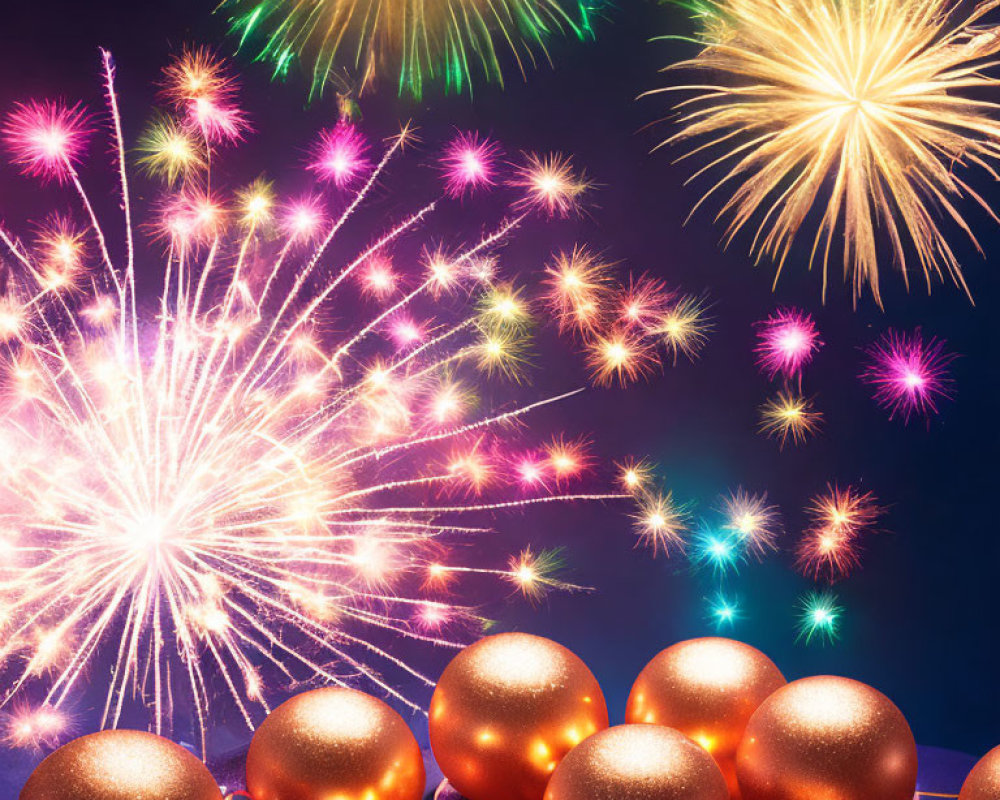 Colorful fireworks burst over golden spheres on dark surface.