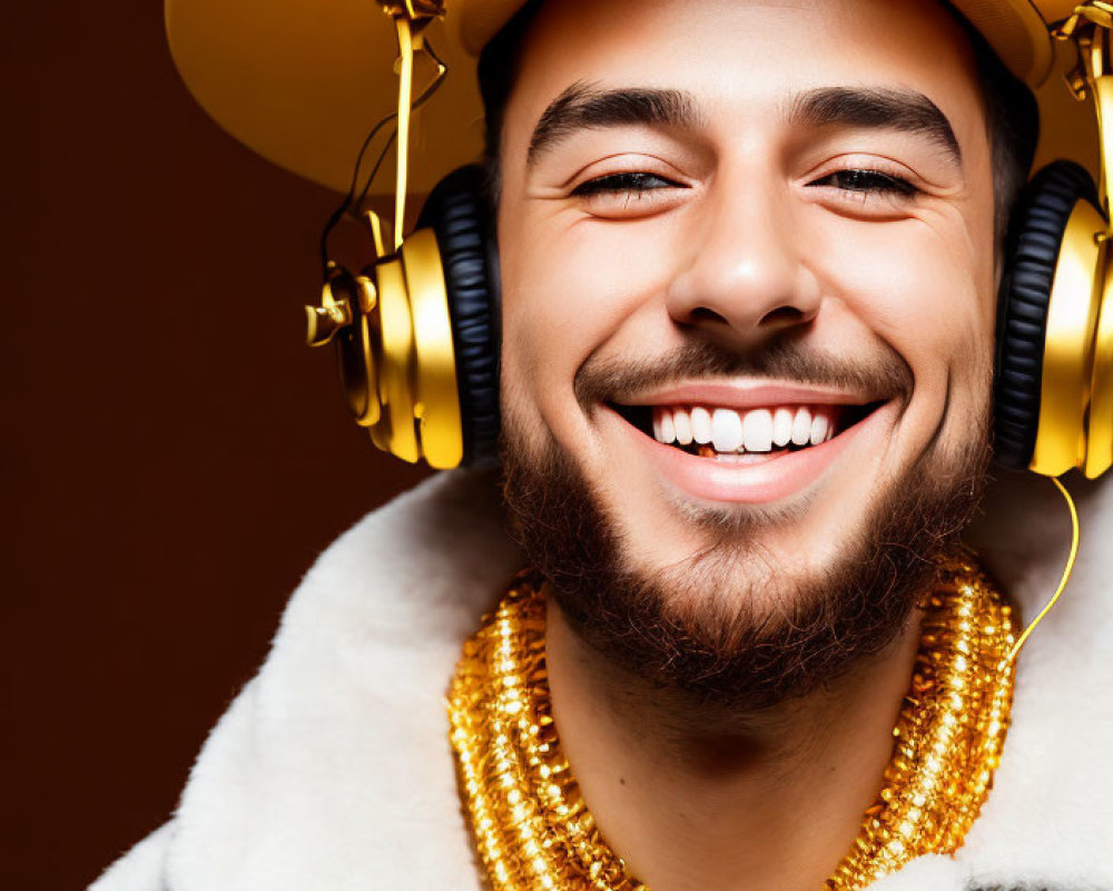 Young man in gold headphones, chains, and cap on brown background