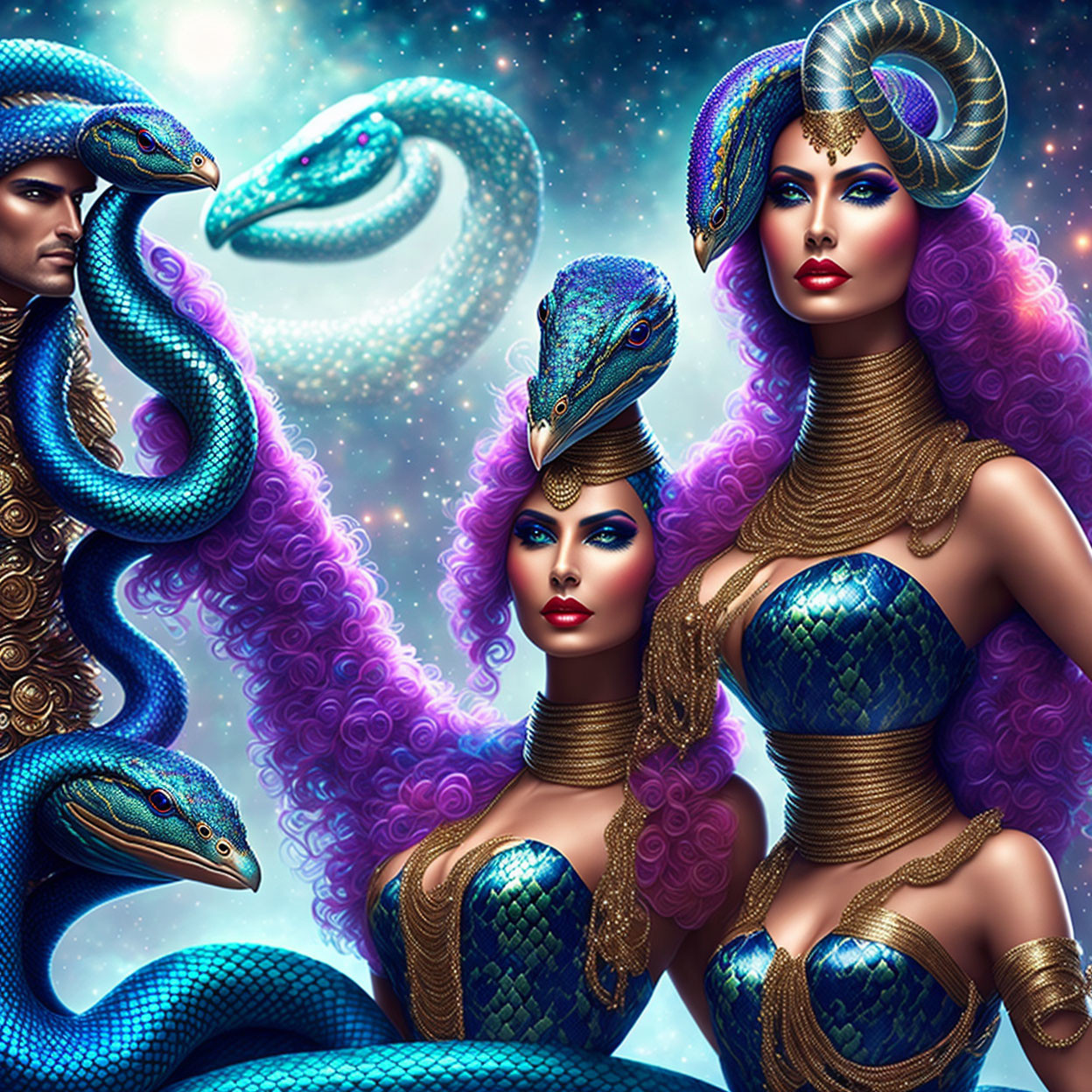 Fantasy artwork featuring two women, a man, and snakes in snake-themed costumes against a starry