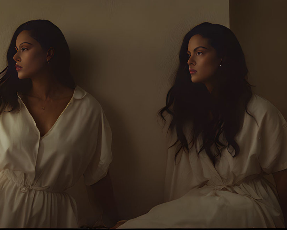 Two women in white dresses seated back-to-back in dimly lit room.