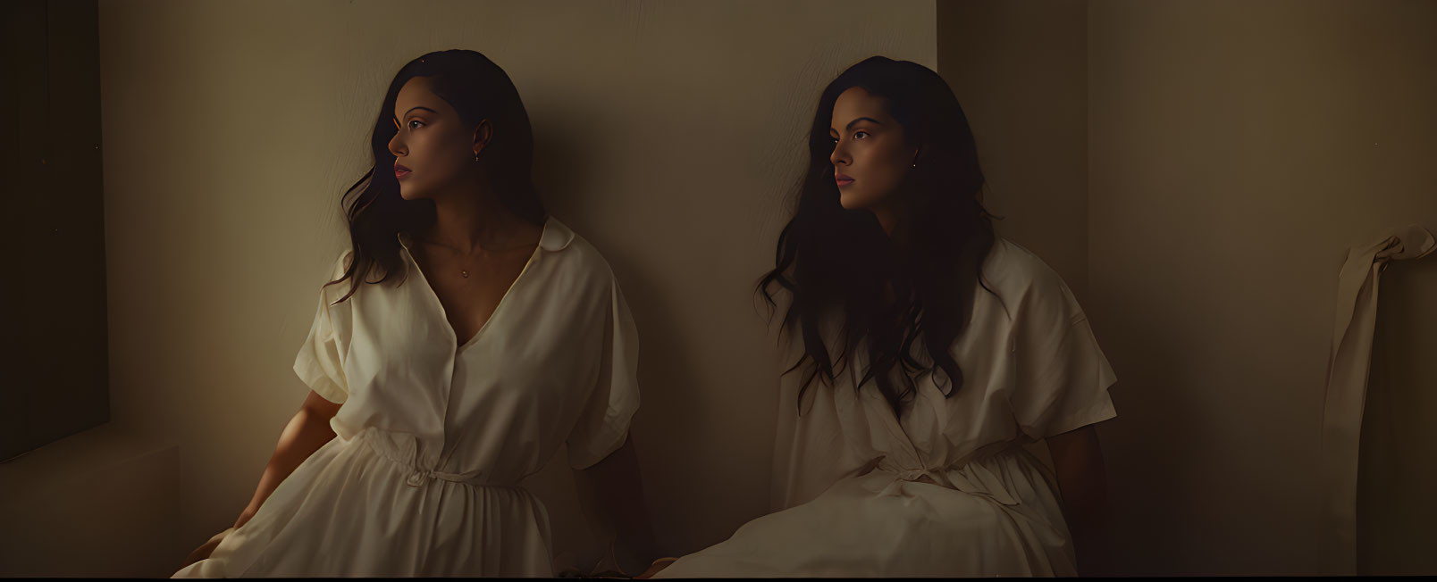 Two women in white dresses seated back-to-back in dimly lit room.