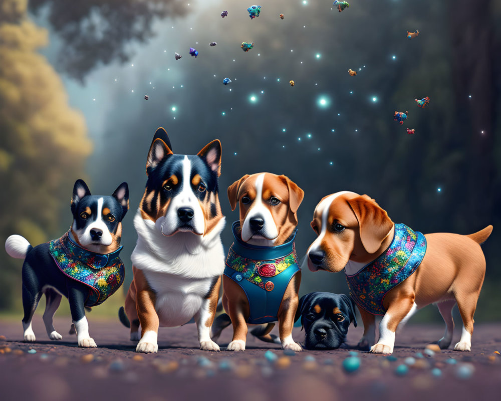 Colorful Bandana-Wearing Dogs in Fantasy Forest with Glowing Butterflies