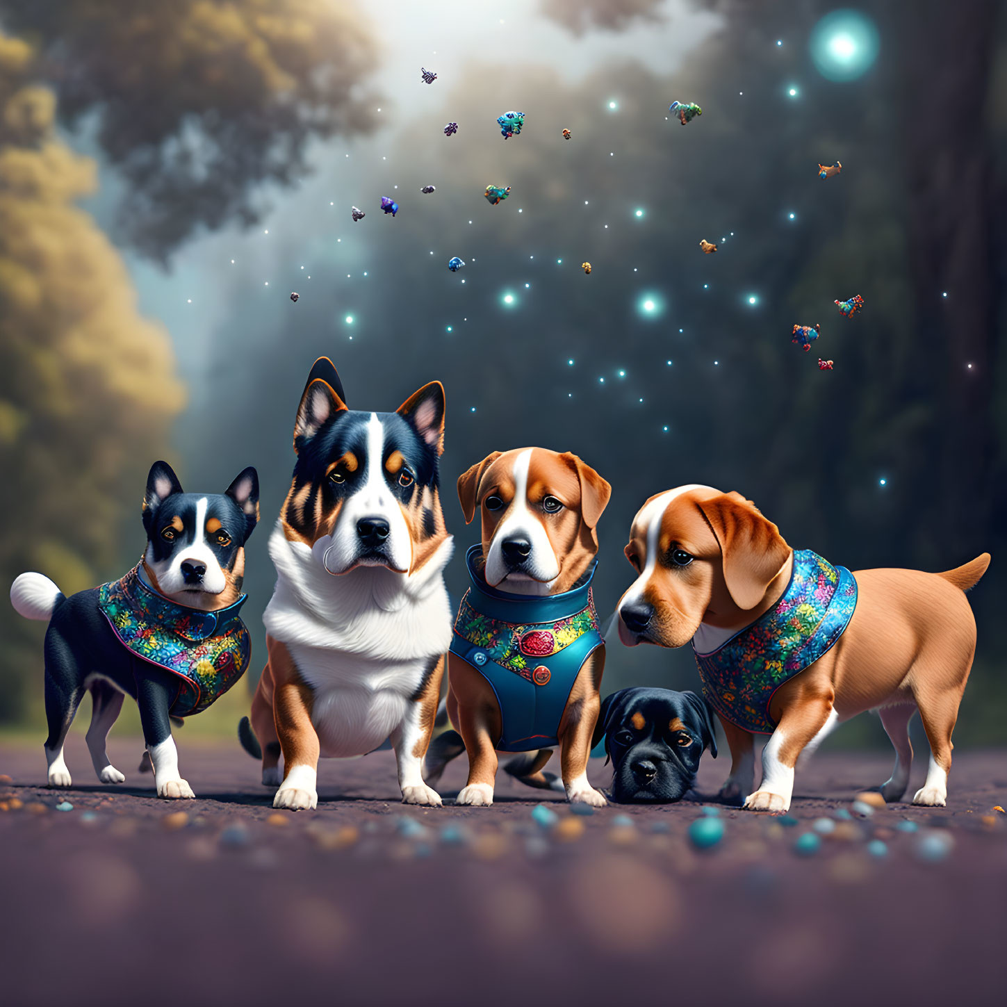 Colorful Bandana-Wearing Dogs in Fantasy Forest with Glowing Butterflies