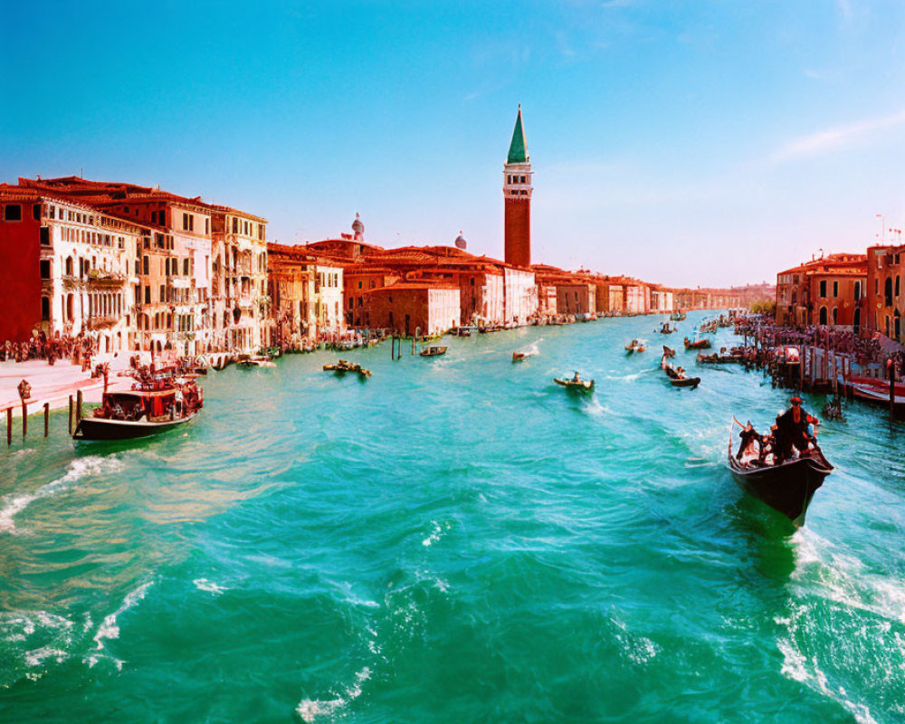 Panoramic view of Grand Canal Venice with gondolas, boats, and historic buildings