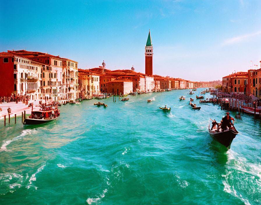 Panoramic view of Grand Canal Venice with gondolas, boats, and historic buildings