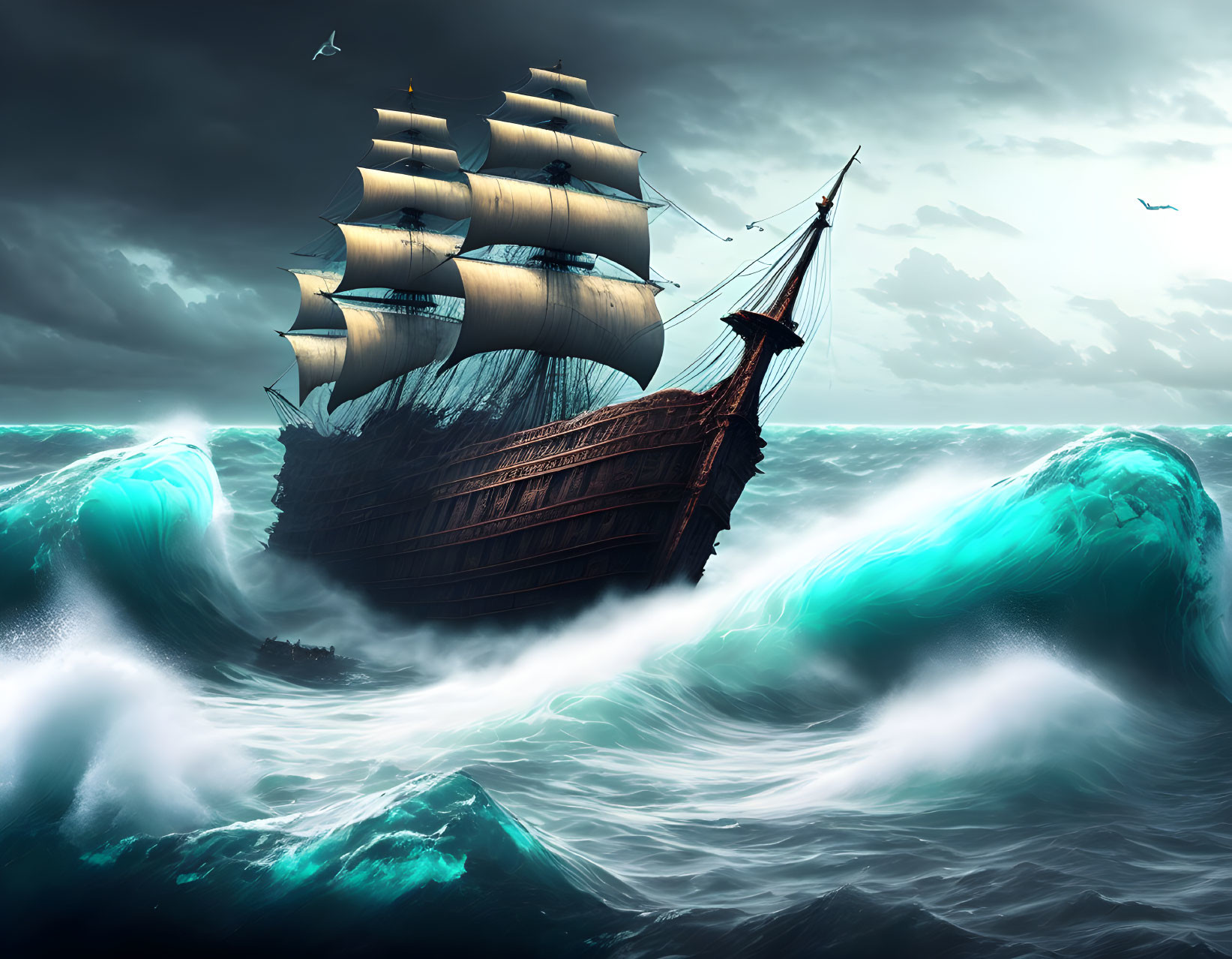 Sailing ship on stormy ocean with billowing sails