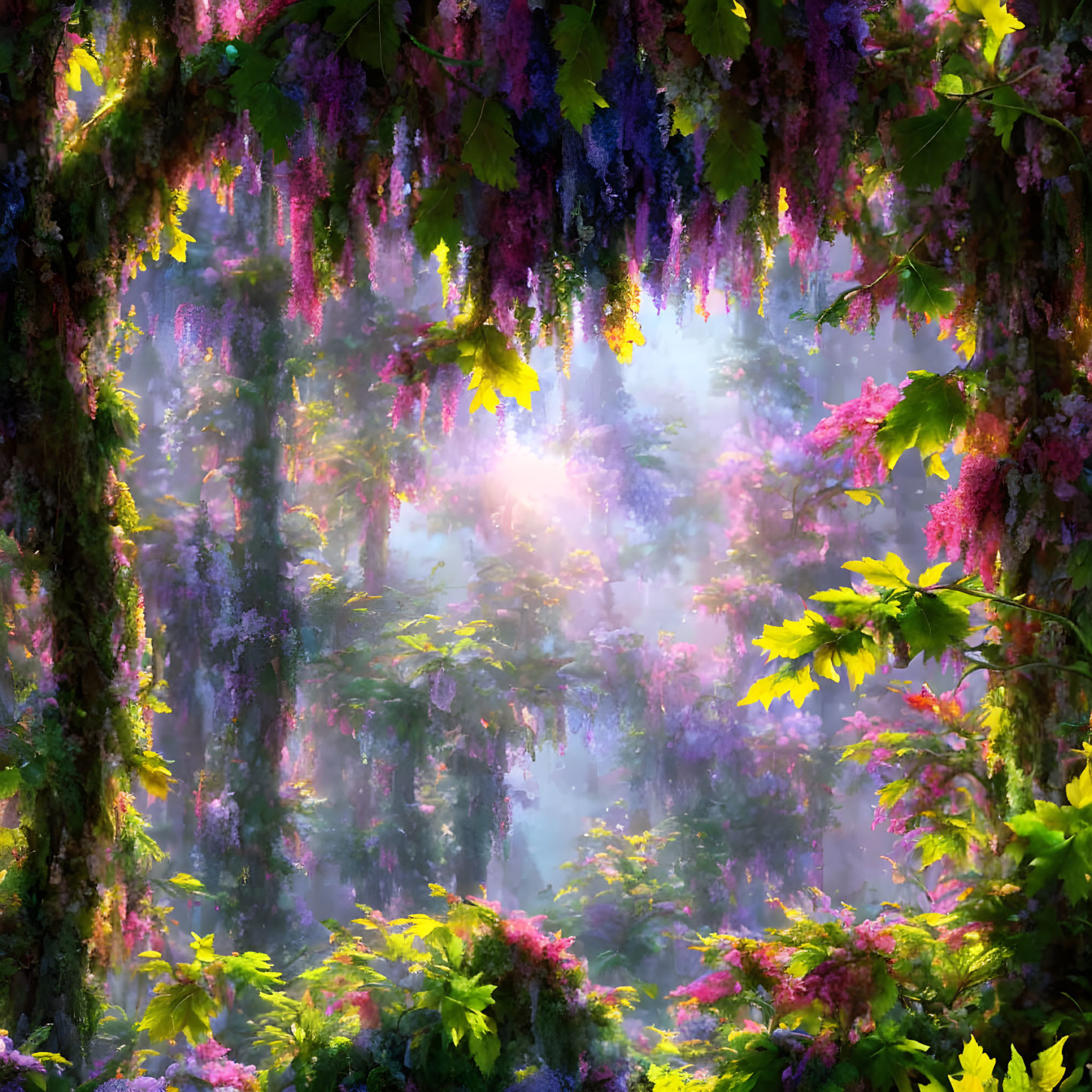 Lush forest scene with vibrant colors and hanging purple moss