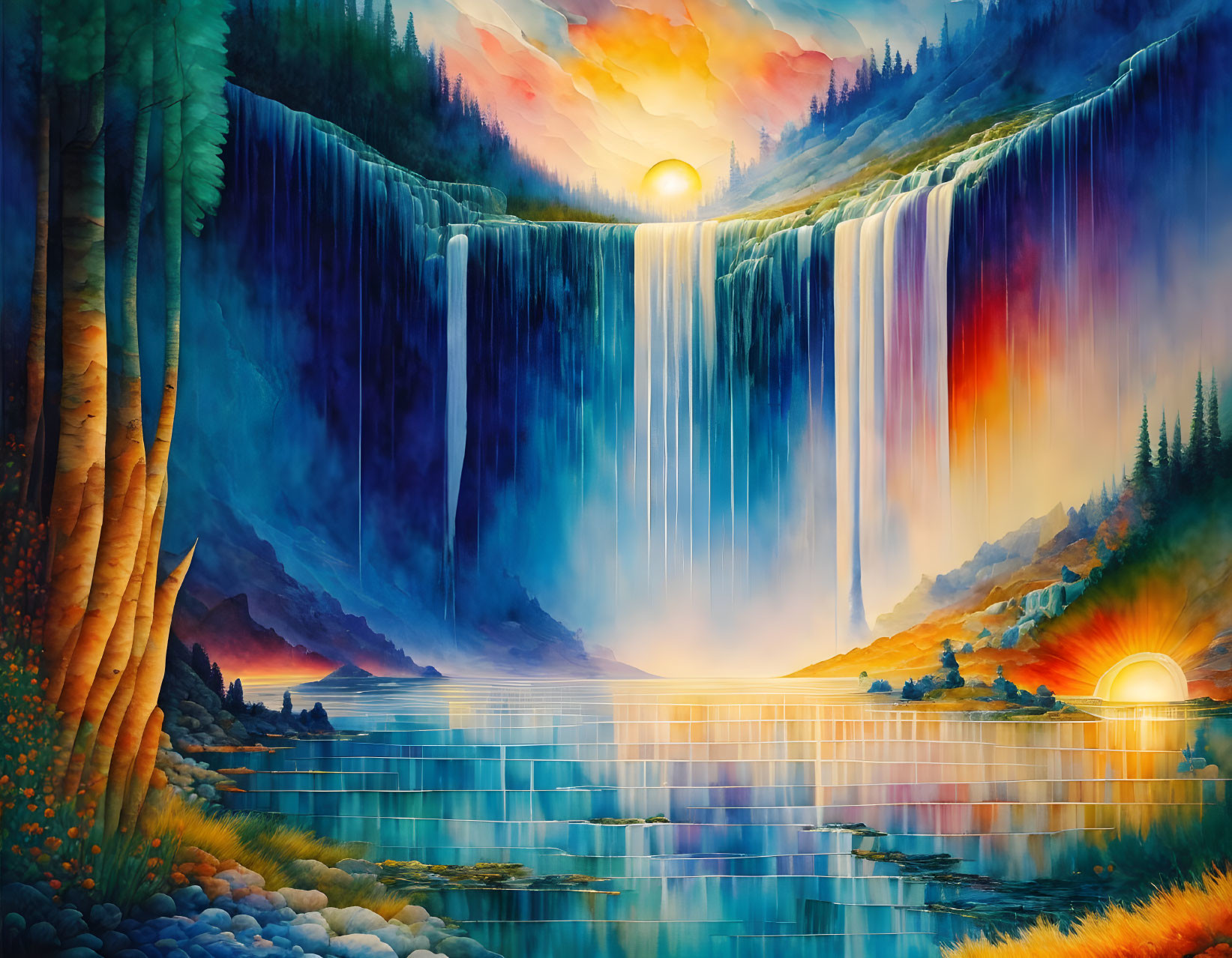 Surreal landscape with waterfalls, lush greenery, and radiant sun.