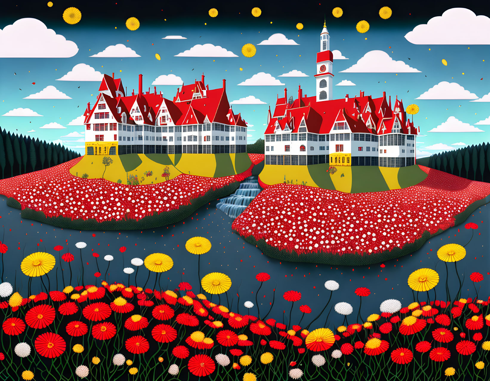 Illustration of Floating Islands with Red-Roofed Castles in Vibrant Fields