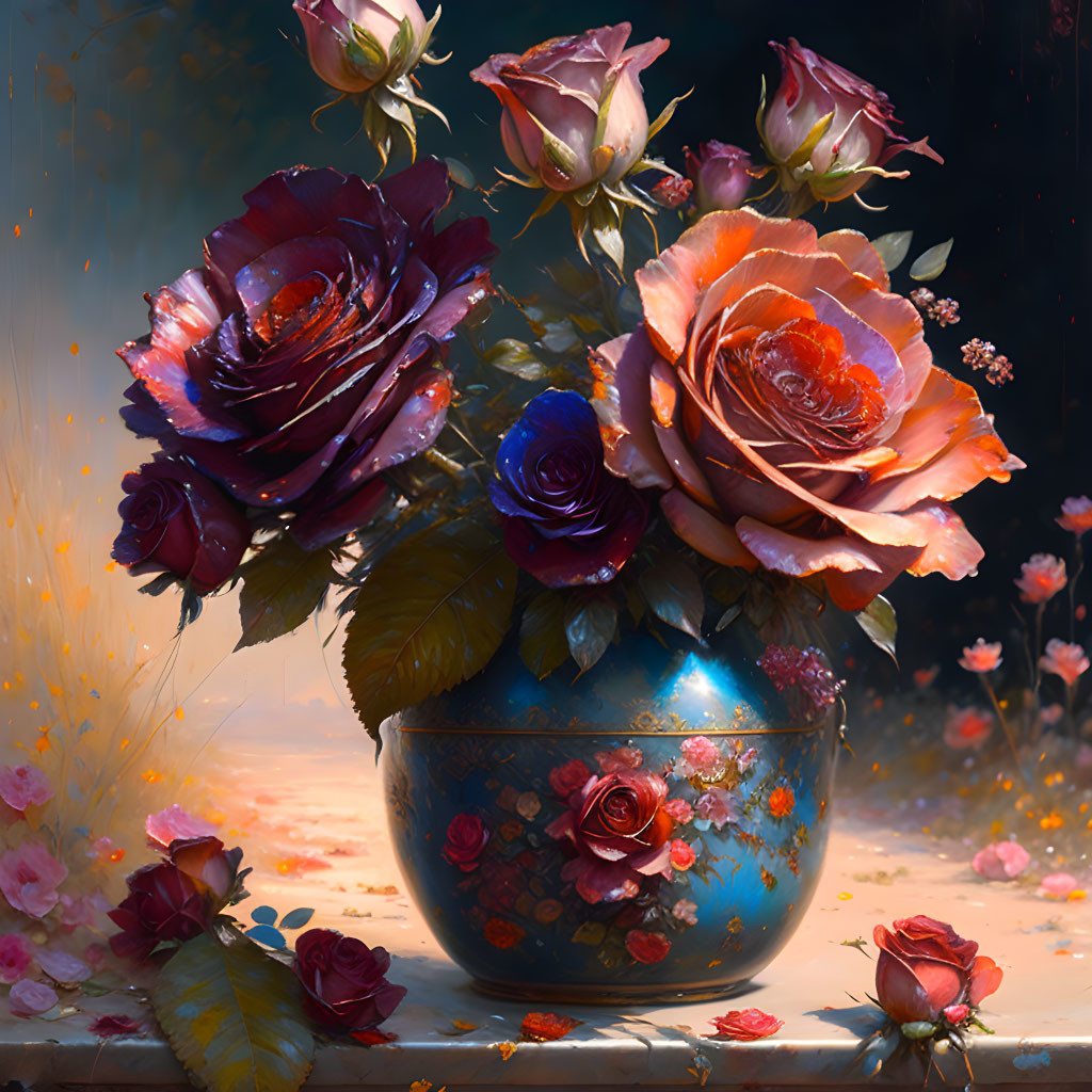 Colorful Rose Bouquet in Blue Vase on Moody Background