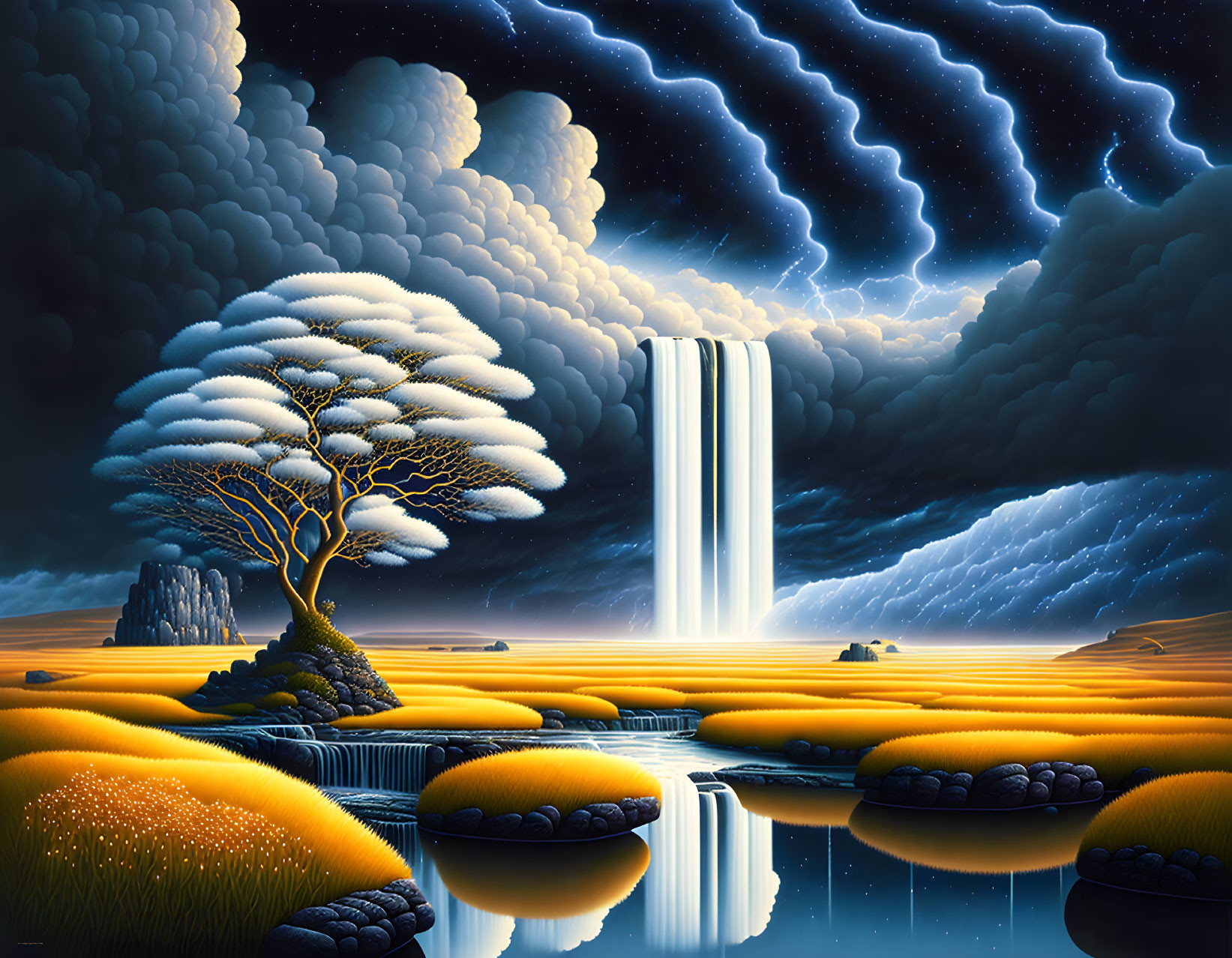 Surreal landscape with luminous tree, waterfall, river, starry sky, lightning, golden